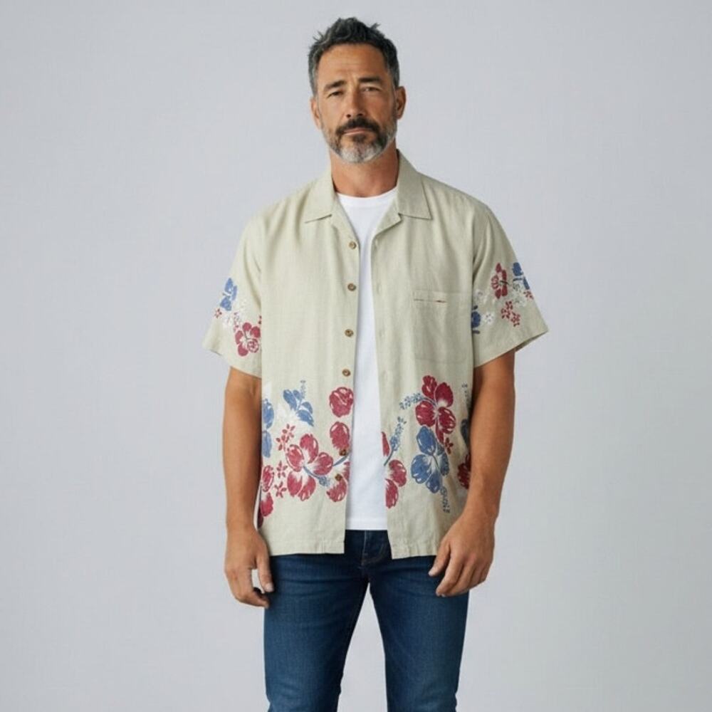 Unionbay Cotton Short Sleeve Hawaiian Shirt Vintage Men's Sz L Beige 90s Y2K